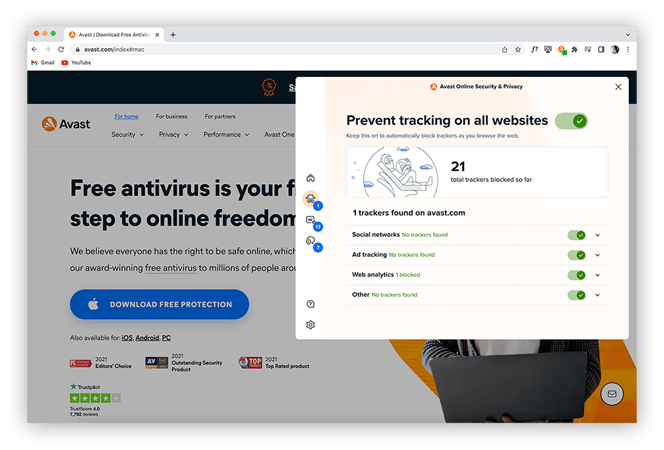 The user interface for the Avast Online Security Chrome extension on Windows 10